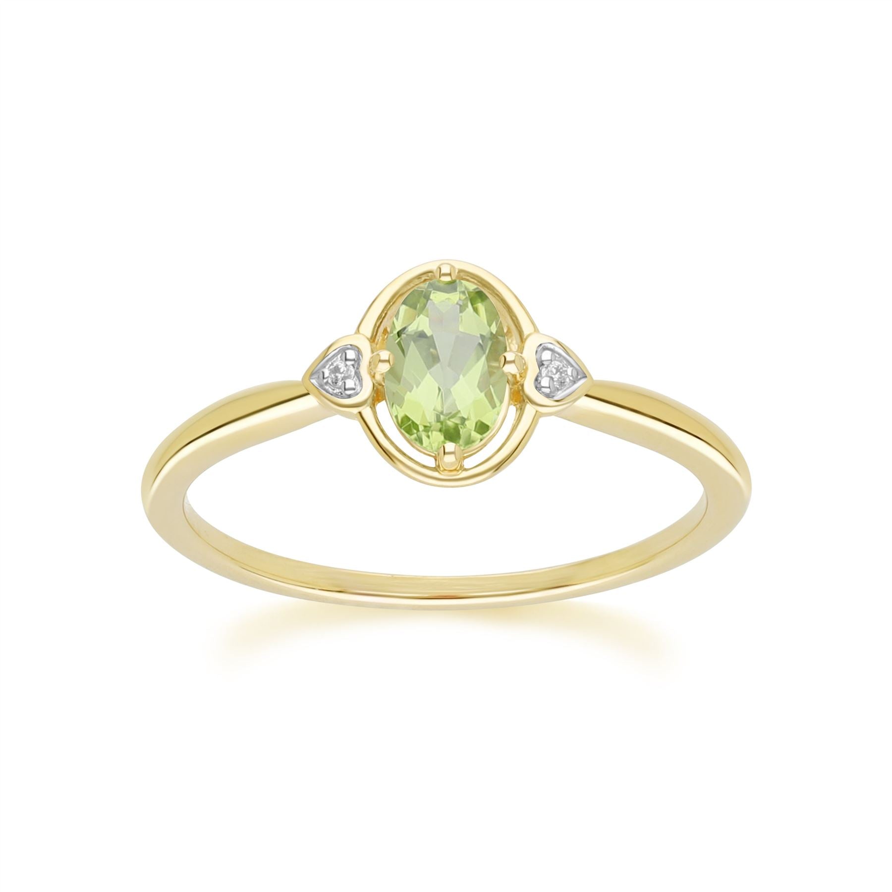 Classic Oval Peridot & Diamond Heart Ring In 9ct Yellow Gold