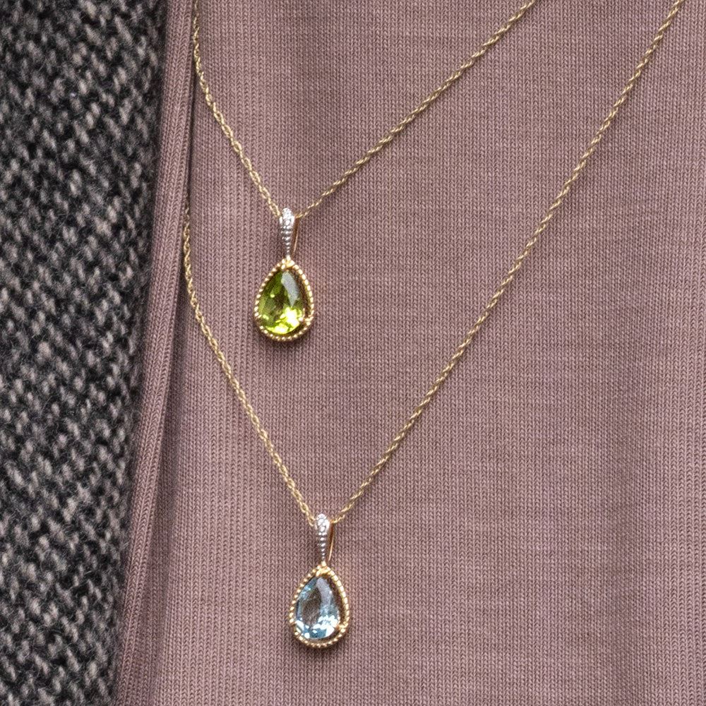 Classic Pear Peridot & Diamond Pendant Necklace In 9ct Yellow Gold