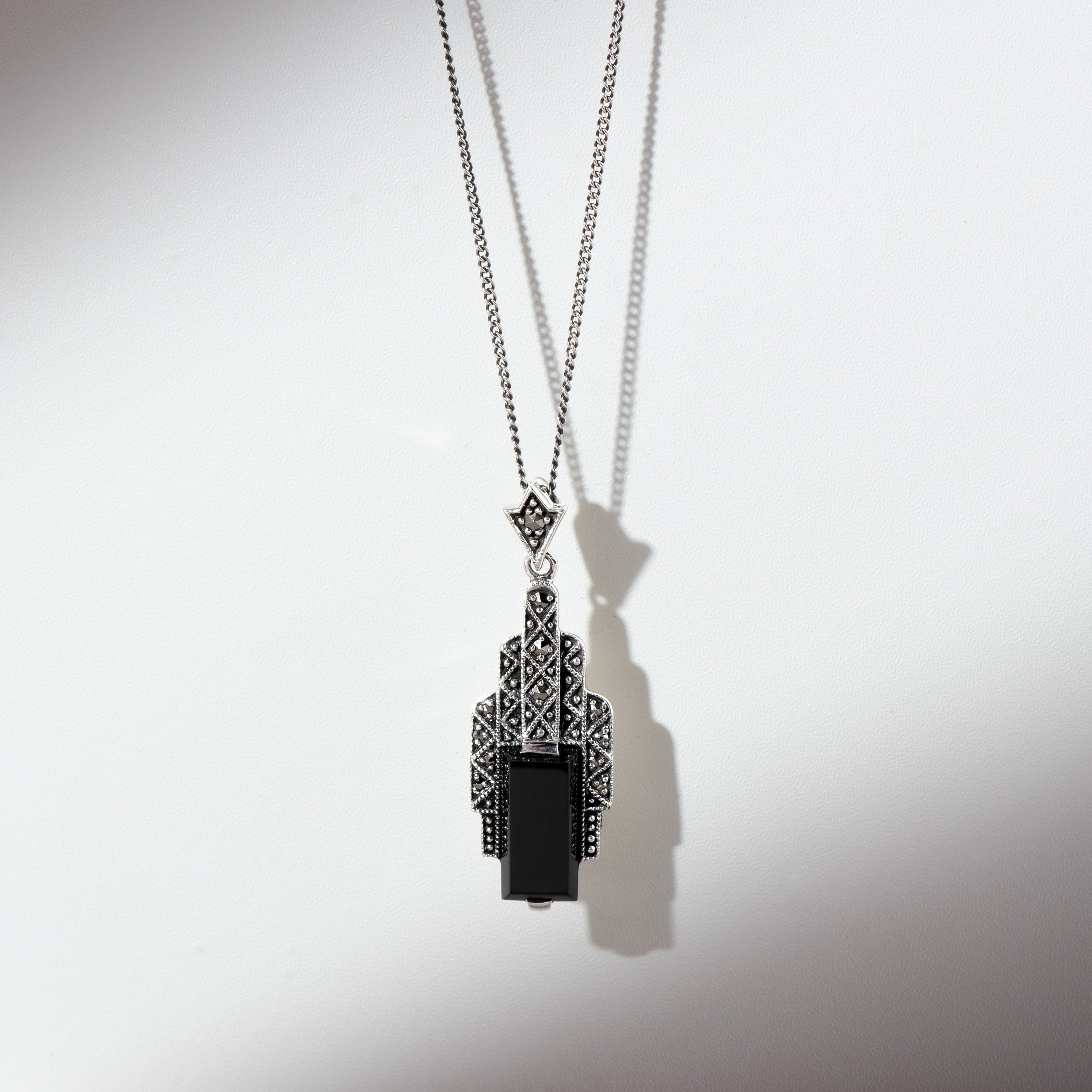 Art Deco Style Rectangle Black Onyx Cabochon & Marcasite Necklace In Sterling Silver