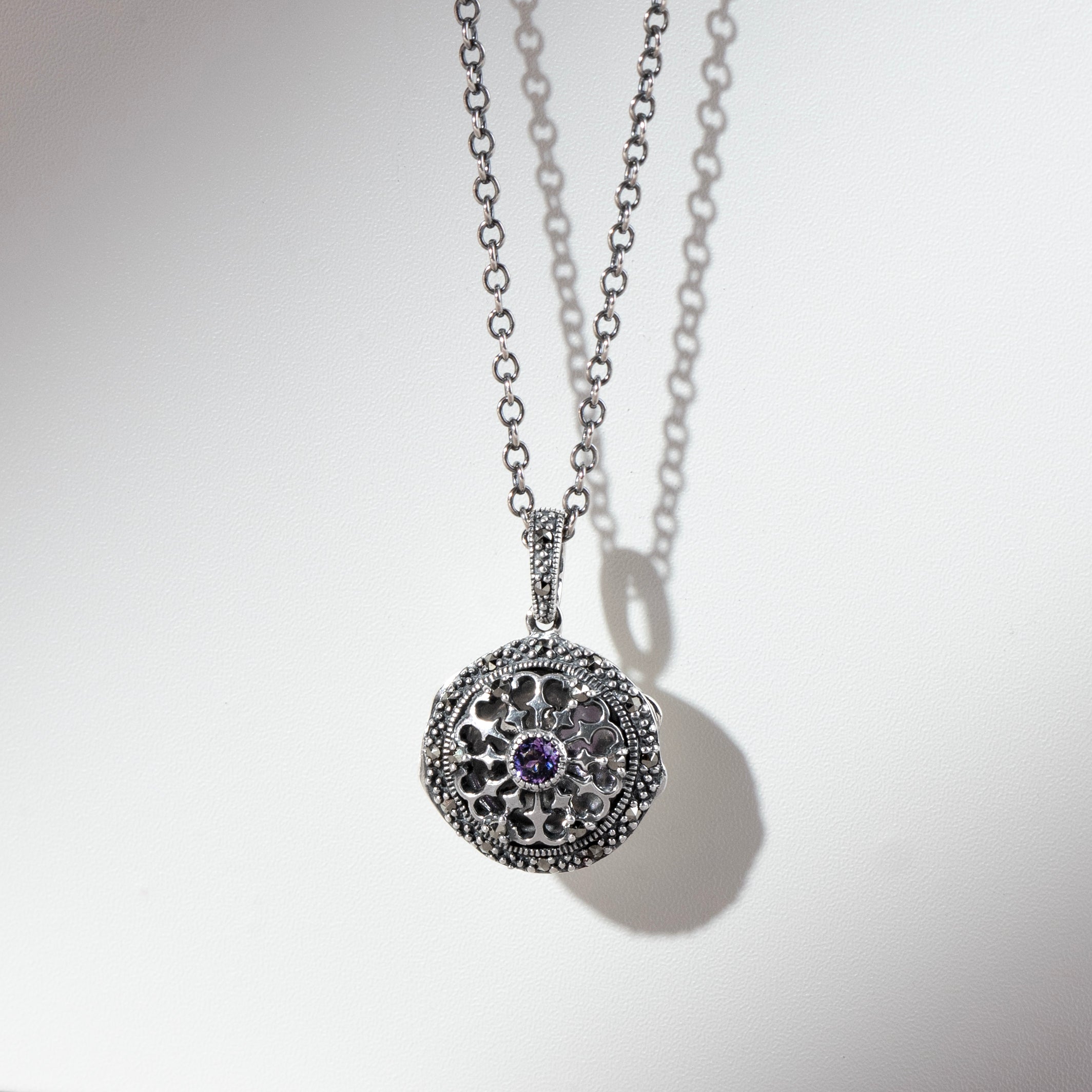 Art Nouveau Style Round Amethyst & Marcasite Locket on Chain in 925 Sterling Silver