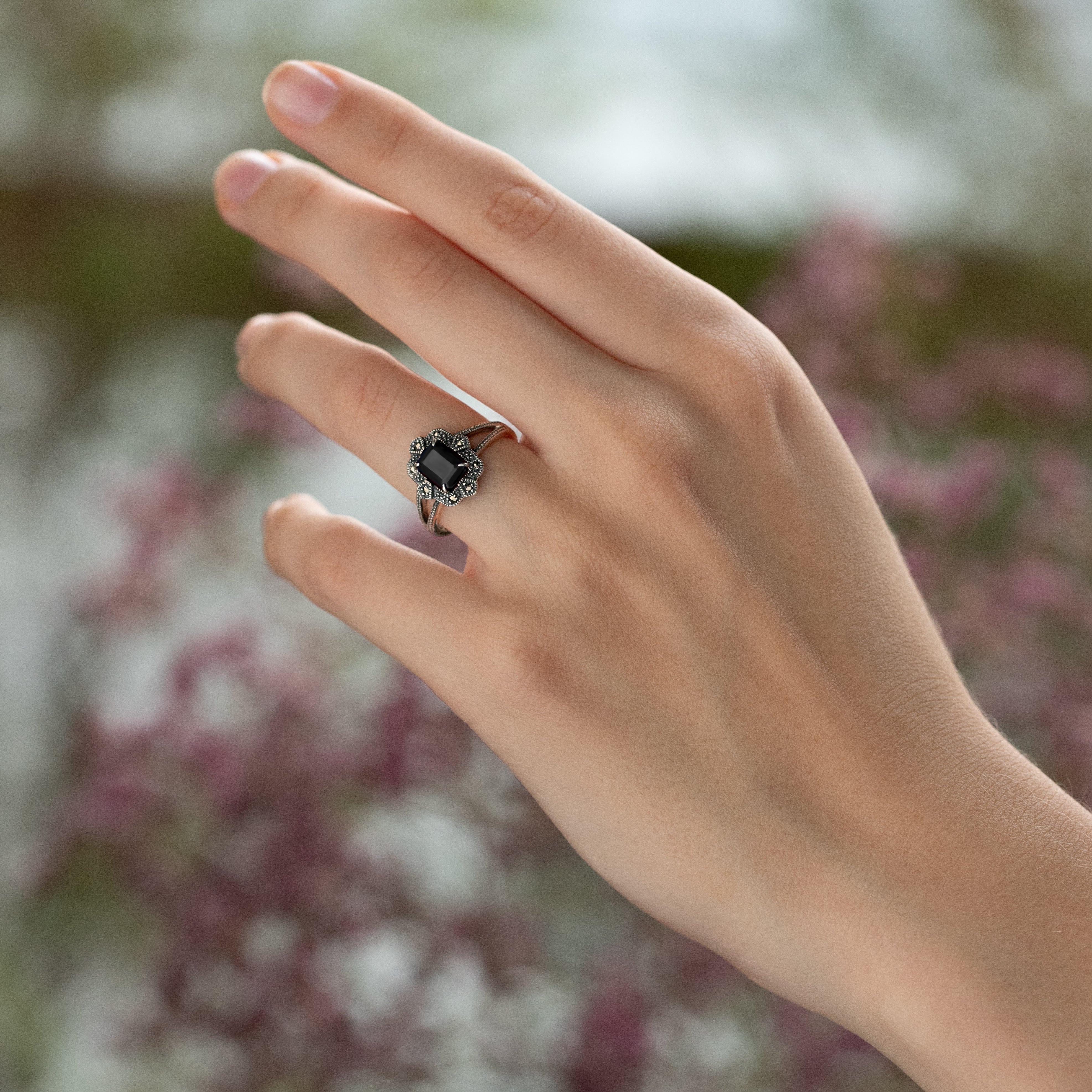 Art Deco Style Baguette Black Spinel & Marcasite Ring in Silver