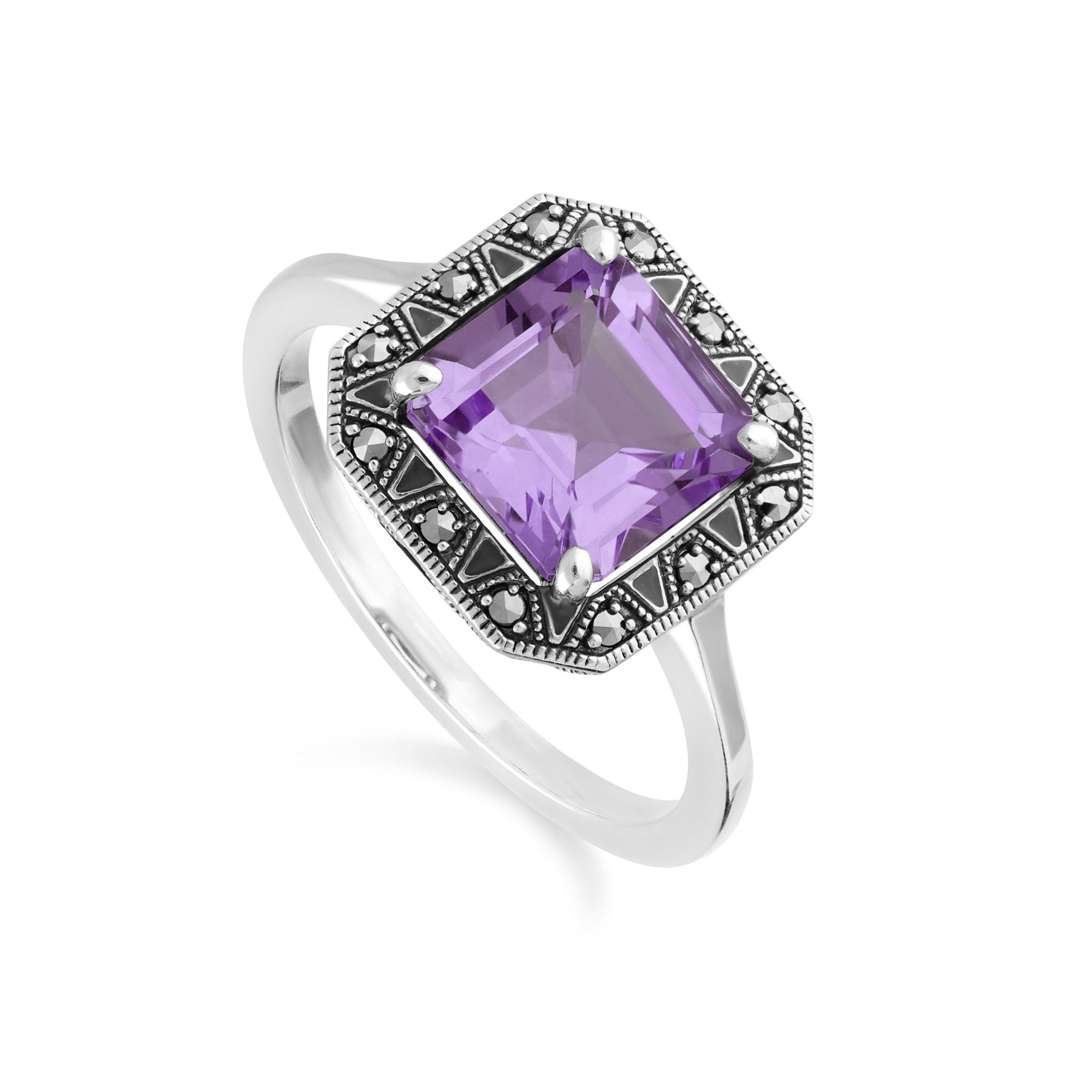 Art Deco Inspired Square Cut Amethyst & Marcasite Ring