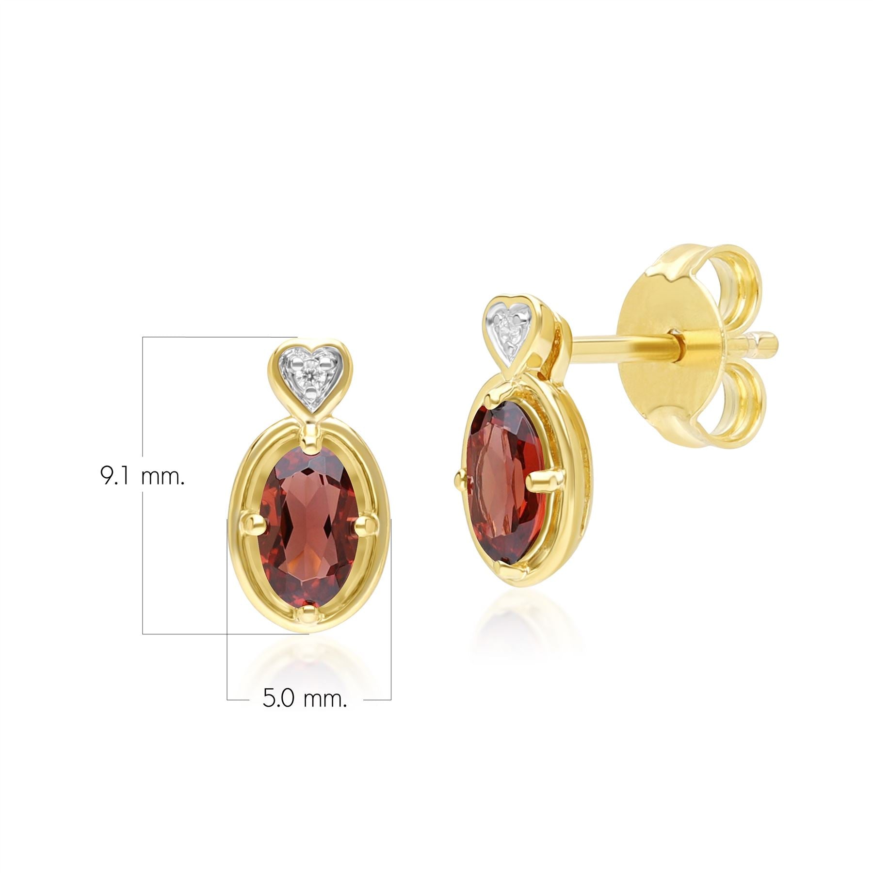 Classic Oval Garnet & Diamond Heart Stud Earrings In 9ct Yellow Gold