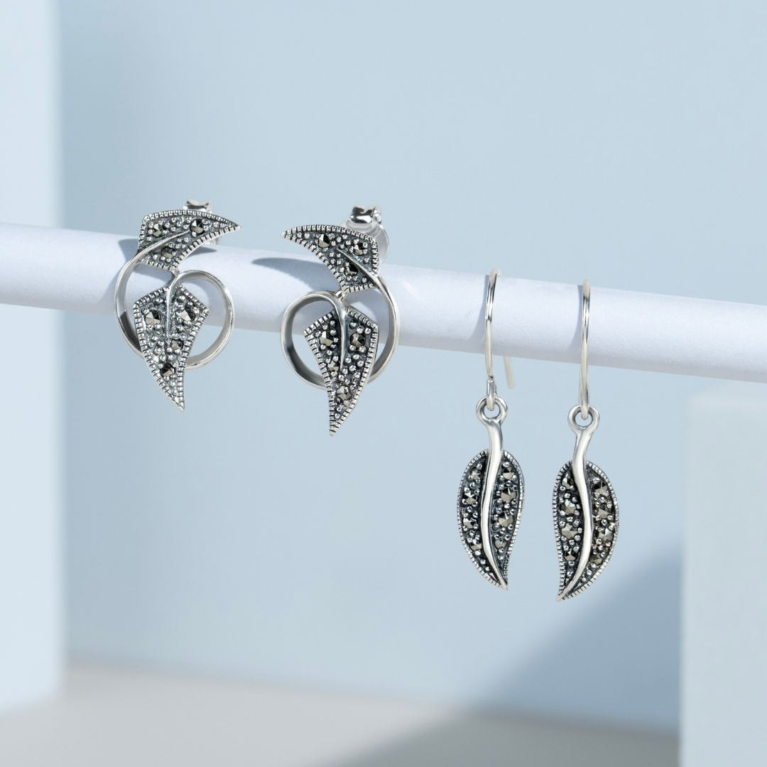 Art Nouveau Style Round Marcasite Stud Earrings in 925 Sterling Silver