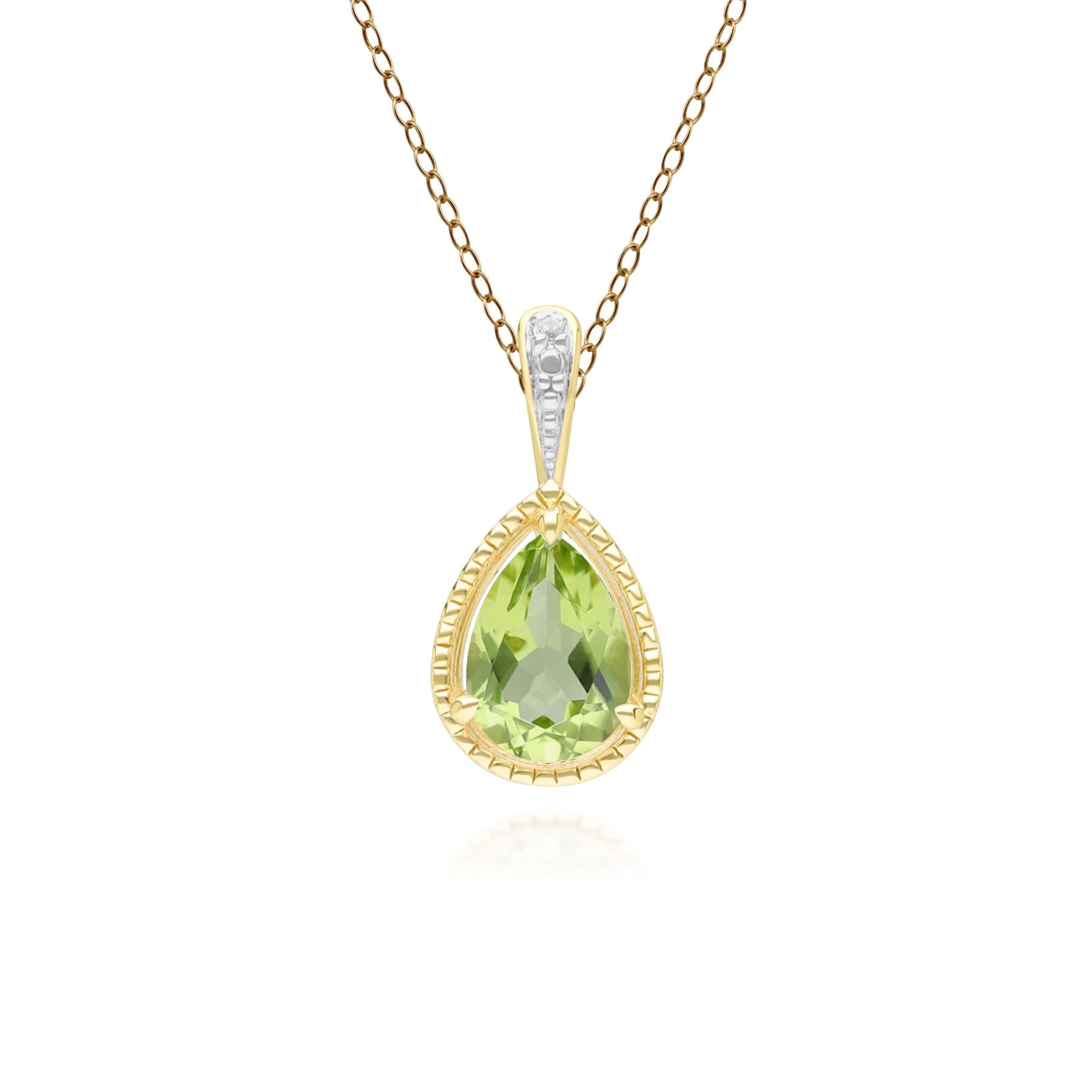 Classic Pear Peridot & Diamond Pendant Necklace In 9ct Yellow Gold