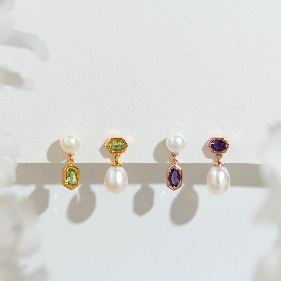 Modern Pearl & Amethyst Mismatched Drop Earrings in Rose Gold Plated Silver