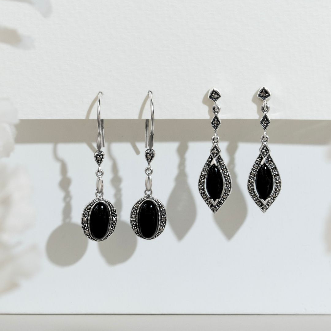 Art Deco Marquise Black Onyx & Marcasite Halo Drop Earrings in 925 Sterling Silver