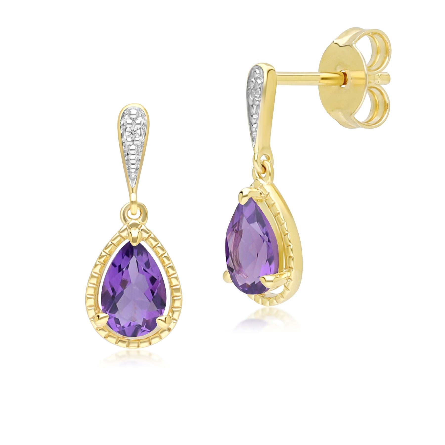 Classic Pear Amethyst & Diamond Drop Earrings In 9ct Yellow Gold