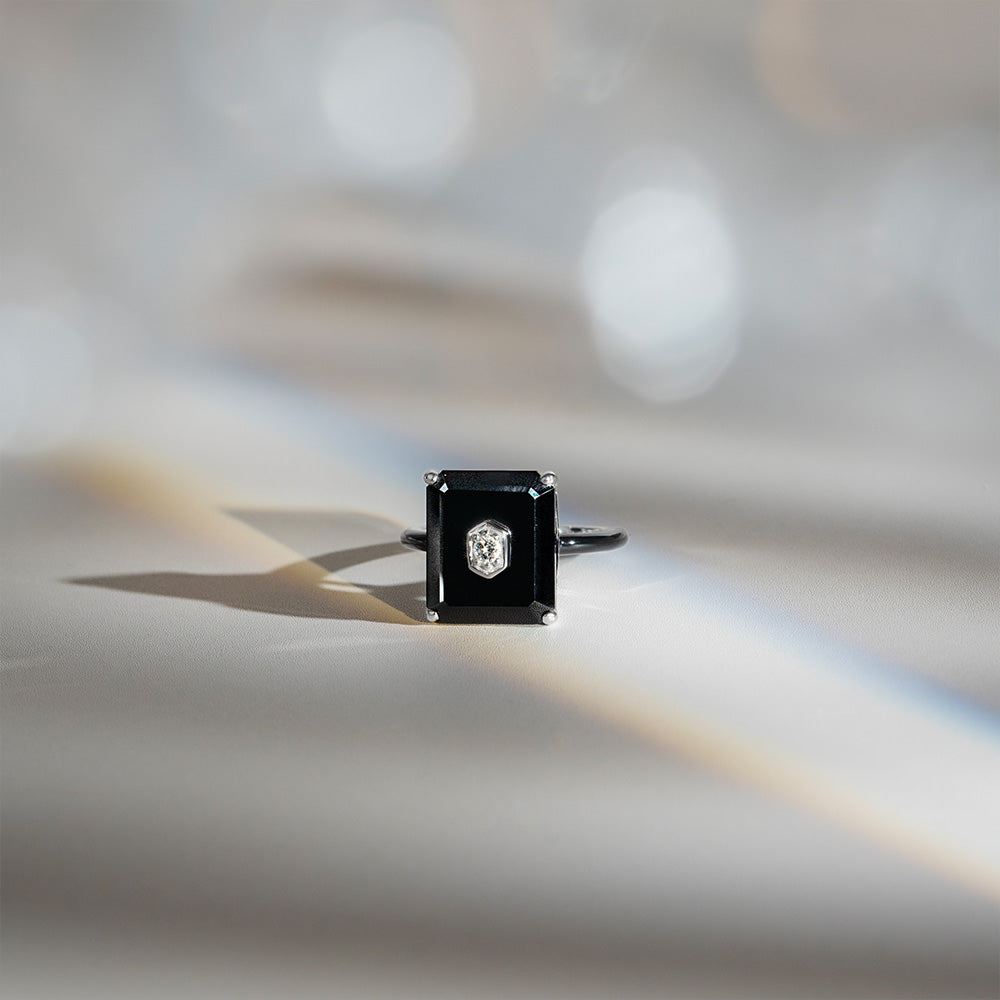 Grand Deco Black Onyx & Topaz Statement Ring In Sterling Silver