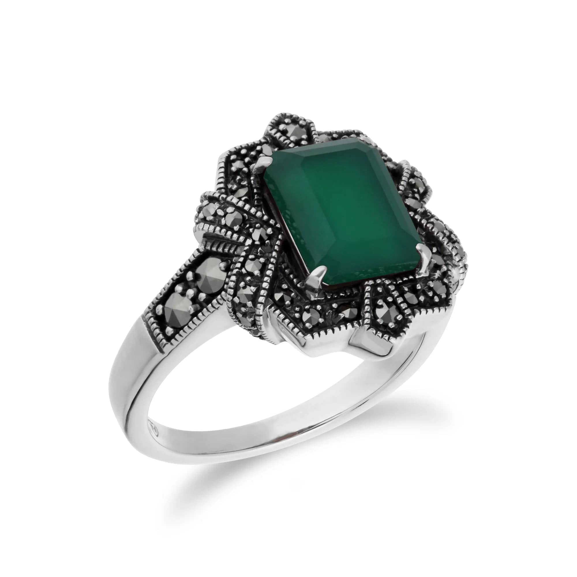 Art Deco Style Baguette Green Chalcedony & Marcasite Ring in 925 Sterling Silver