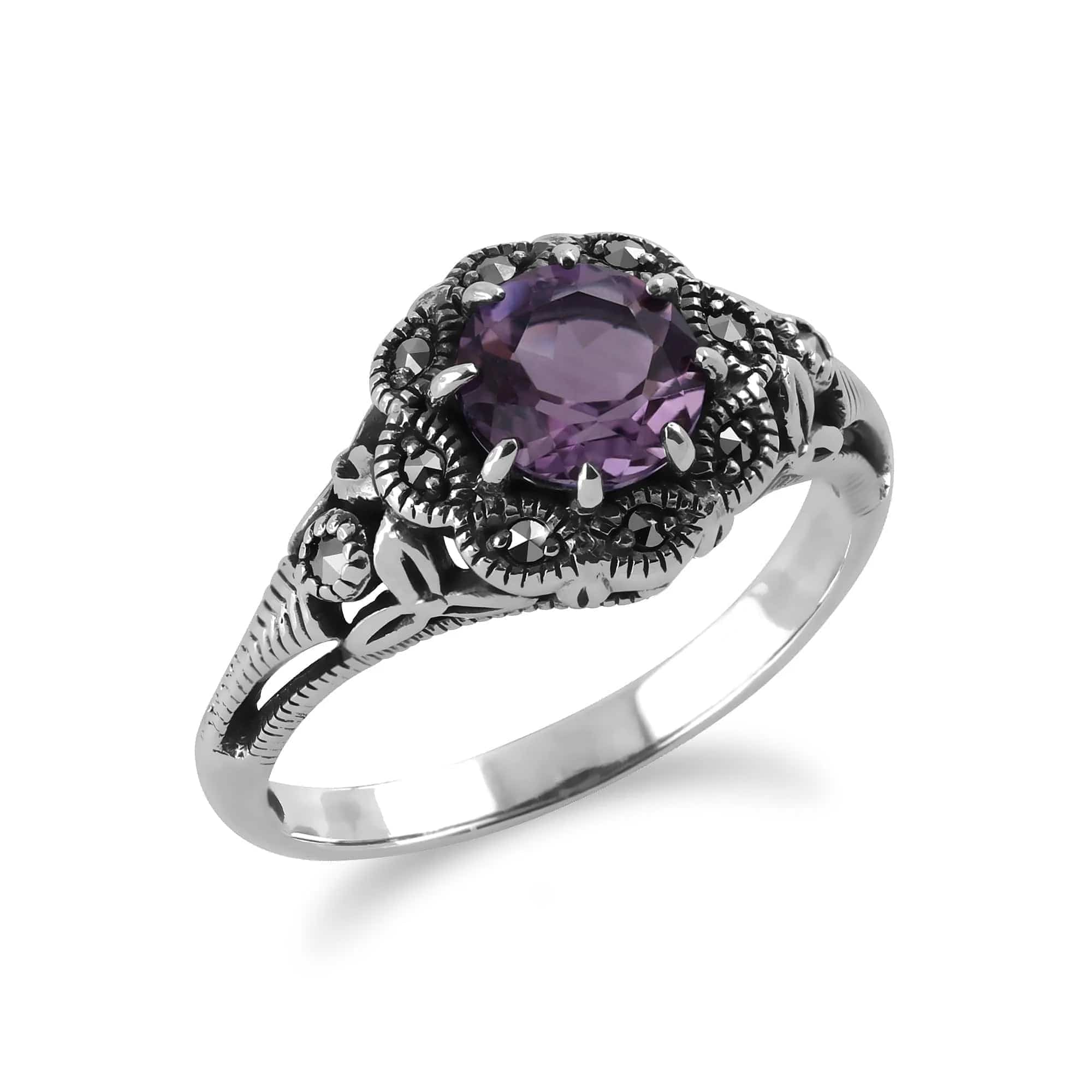 Art Nouveau Style Round Amethyst & Marcasite Floral Ring in Sterling Silver