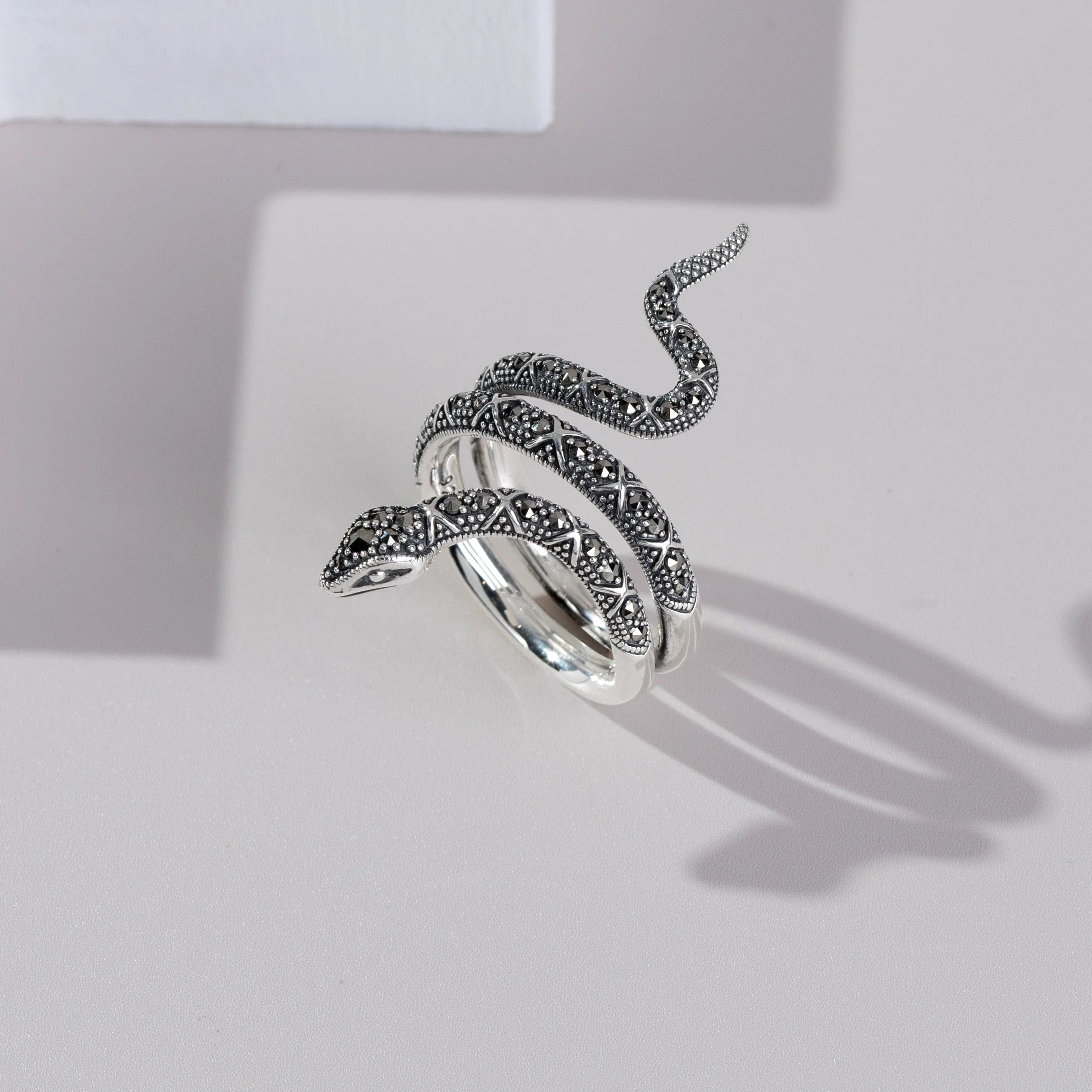 Art Nouveau Style Round Marcasite Snake Statement Ring in 925 Sterling Silver