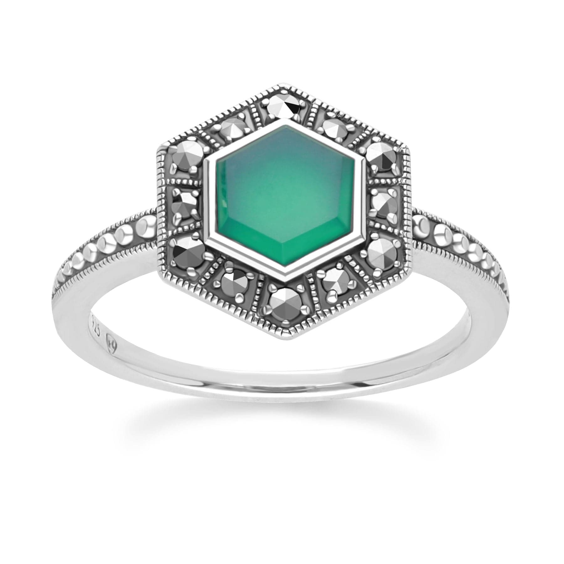Art Deco Style Hexagon Chalcedony and Marcasite Ring in Sterling Silver 214R641801925 