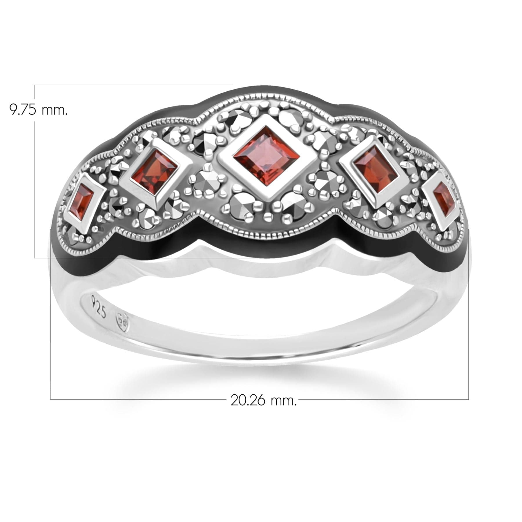Art Deco Style Square Garnet Five Stone and Marcasite Ring in Sterling Silver 214R642101925 Dimensions
