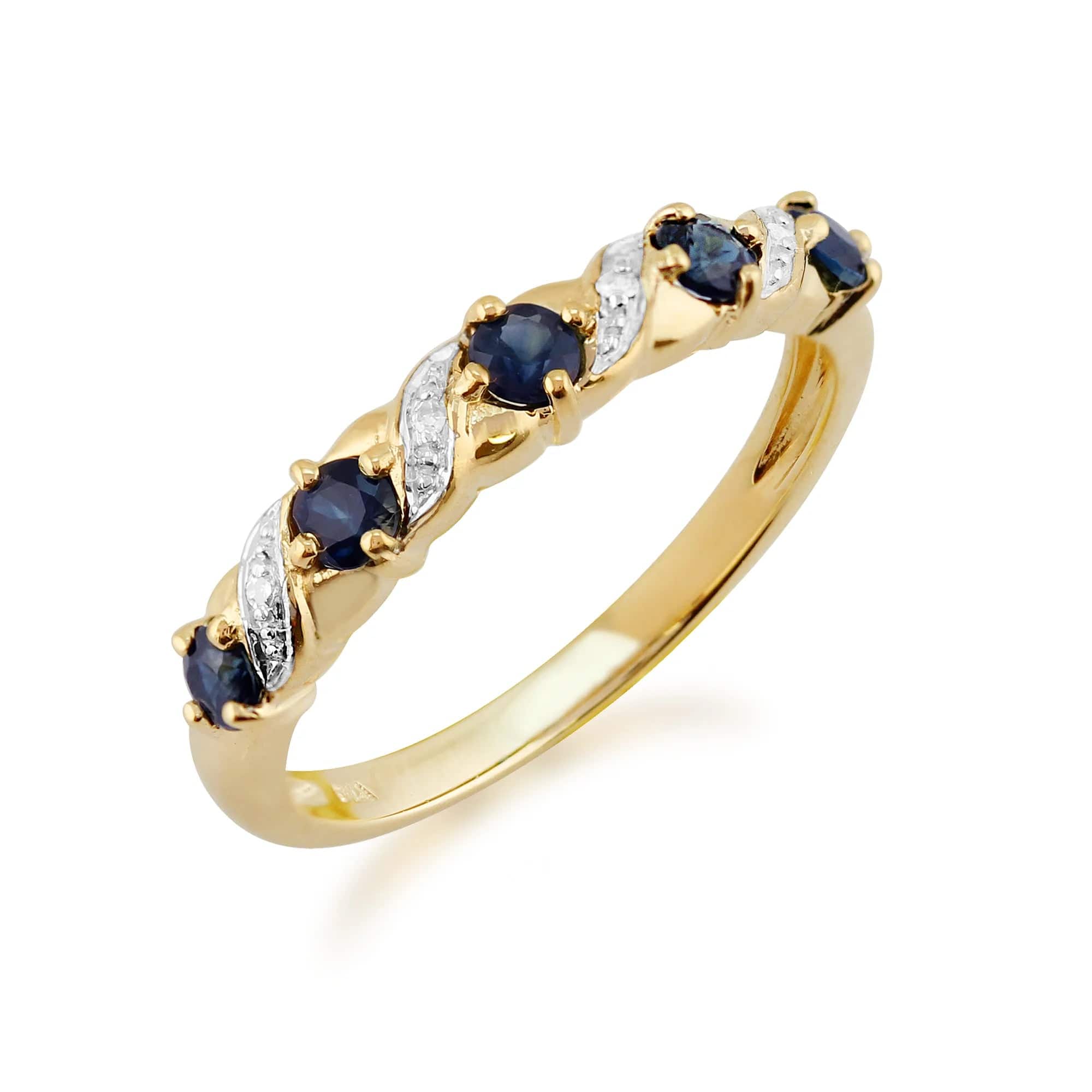 Classic Art Nouveau Round Sapphire & Diamond Half Eternity Ring In 9ct Yellow Gold