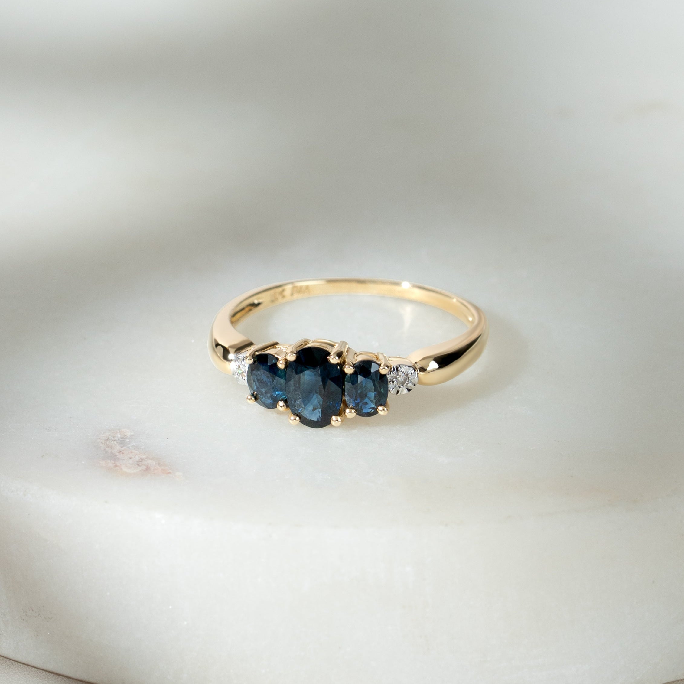 Classic Oval Sapphire & Diamond Trilogy Ring in 9ct Yellow Gold