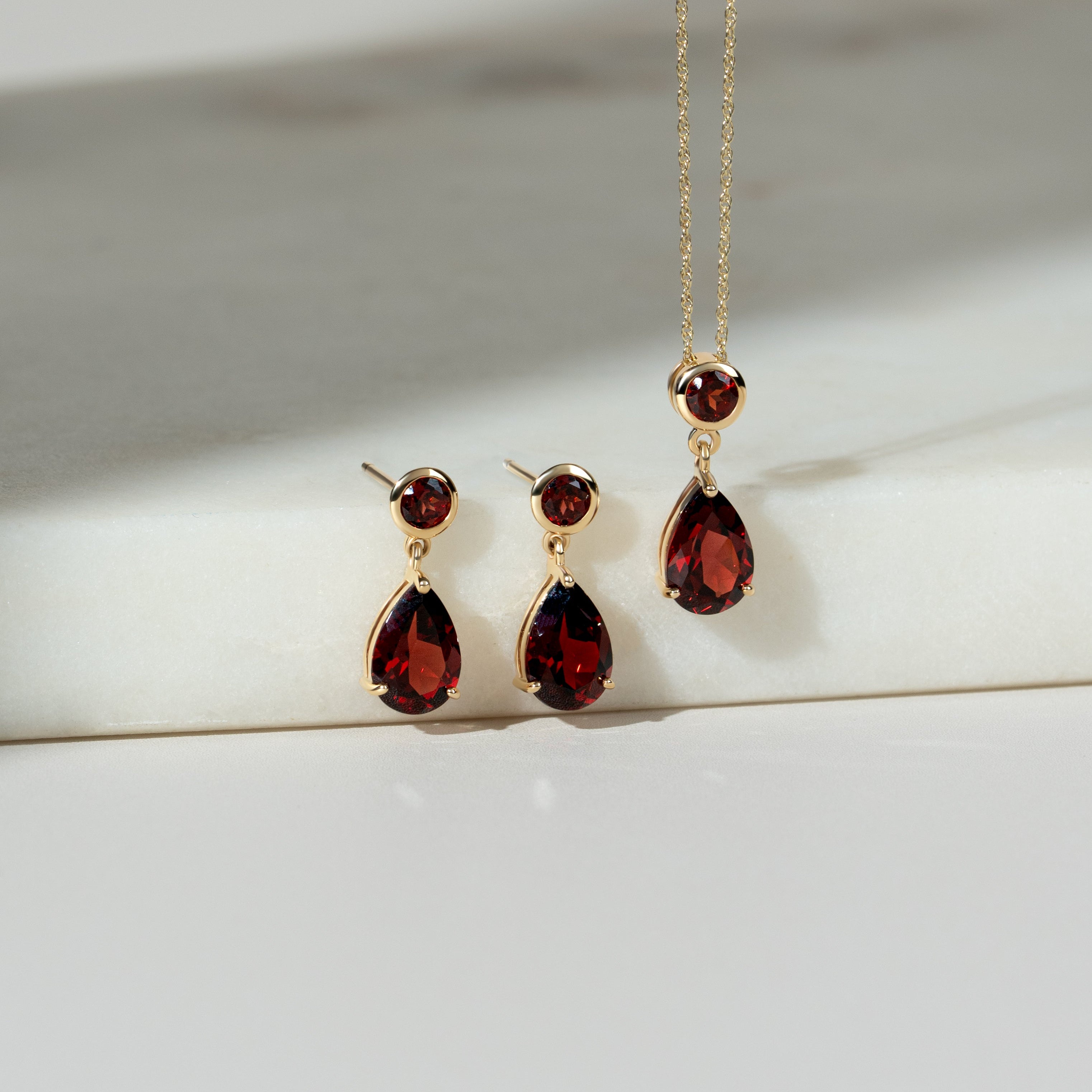 Classic Pear Garnet Drop Earrings in 9ct Yellow Gold