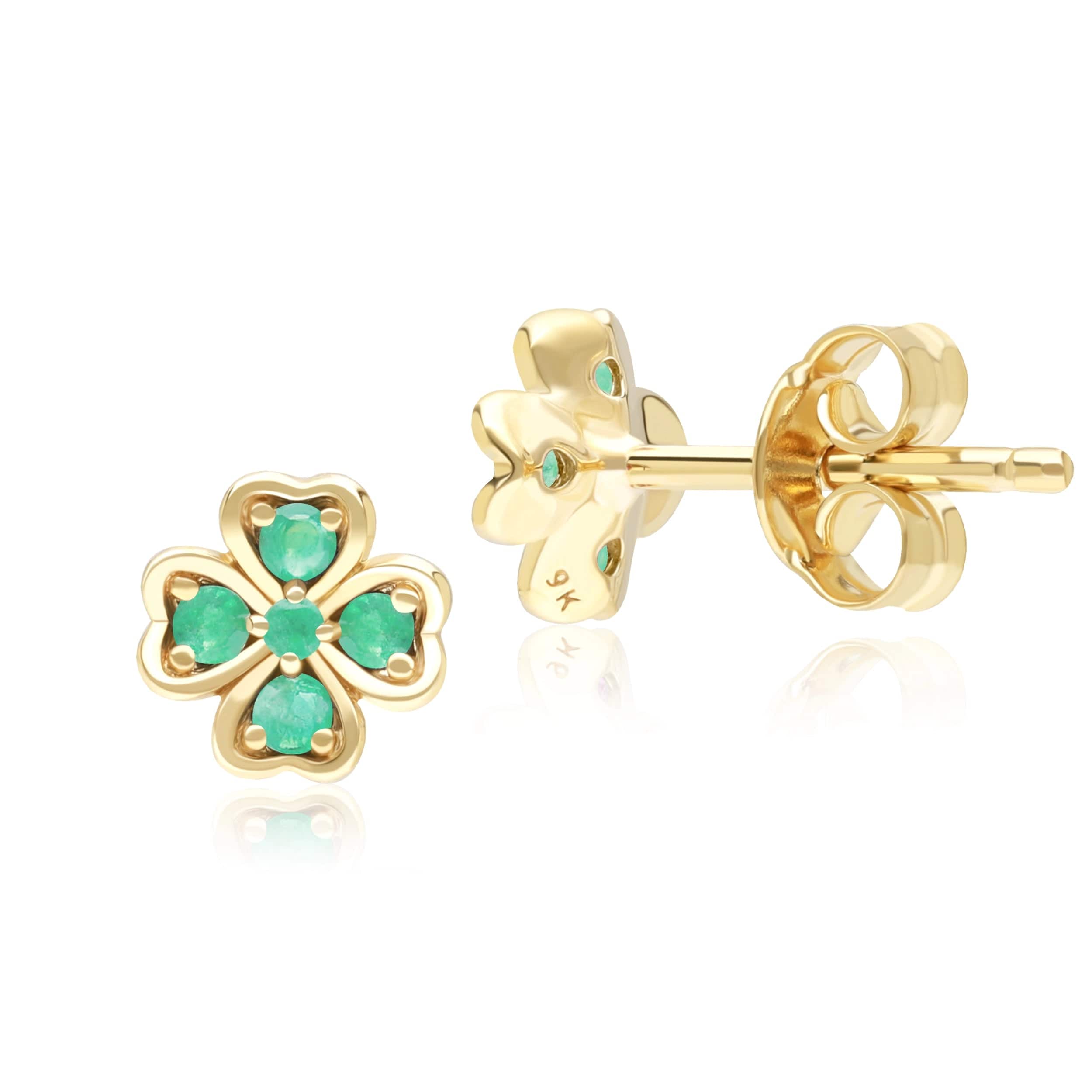 Gardenia Round Emerald Clover Stud Earrings in 9ct Yellow Gold