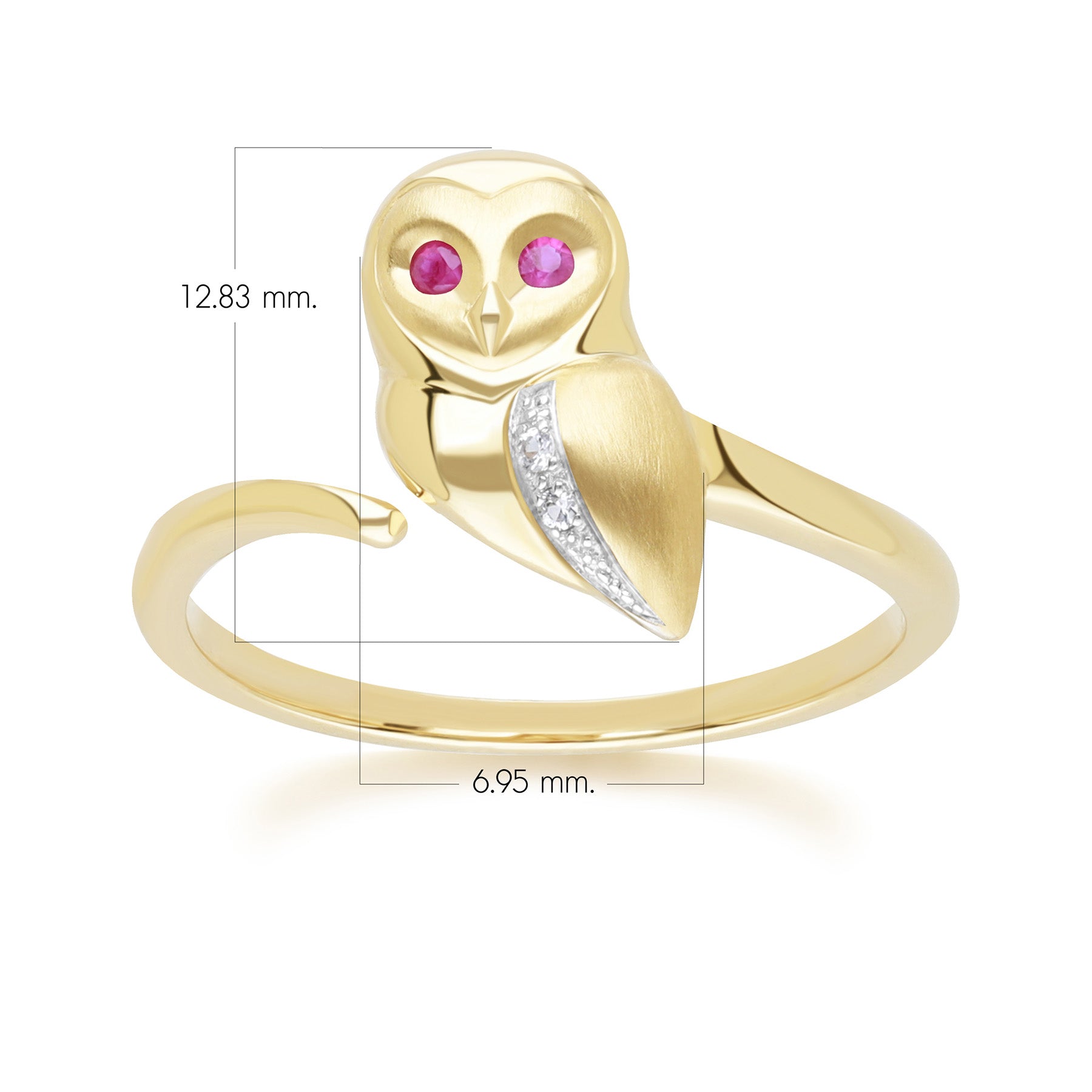 Gardenia Ruby and White Sapphire Owl Ring in 9ct Yellow Gold