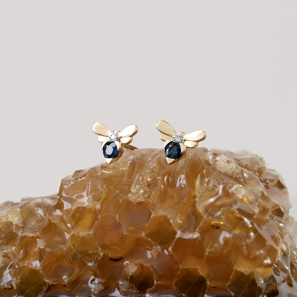 Honeycomb Inspired Blue Sapphire and Diamond Bee Stud Earrings in 9ct Yellow Gold