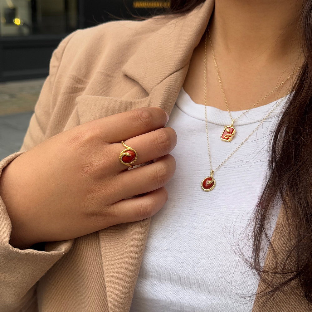 ECFEW™ Red Jasper Winding Snake Pendant Necklace In Gold Plated Sterling Silver