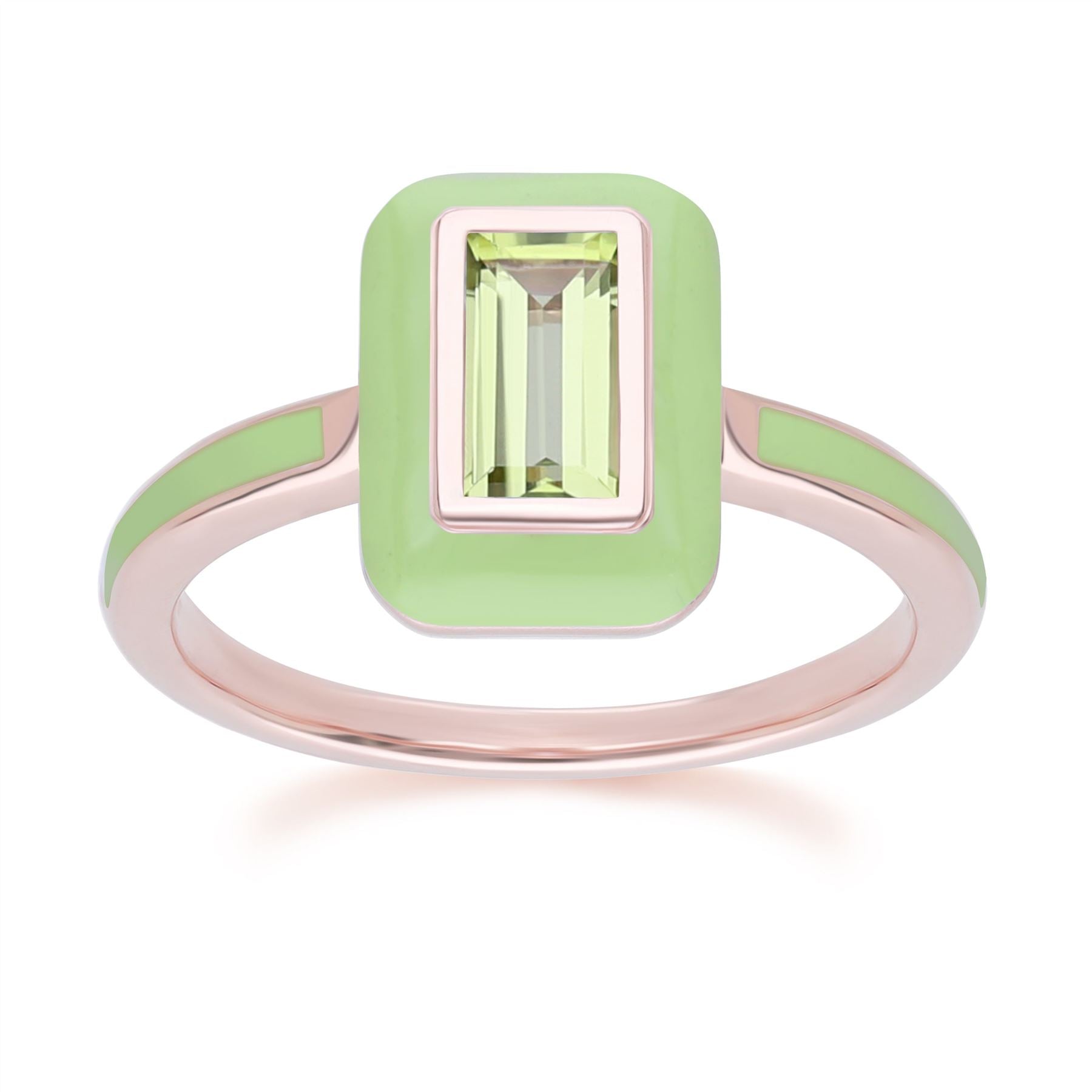 Siberian Waltz Green Enamel & Baguette Peridot Ring in Rose Gold Plated Sterling Silver