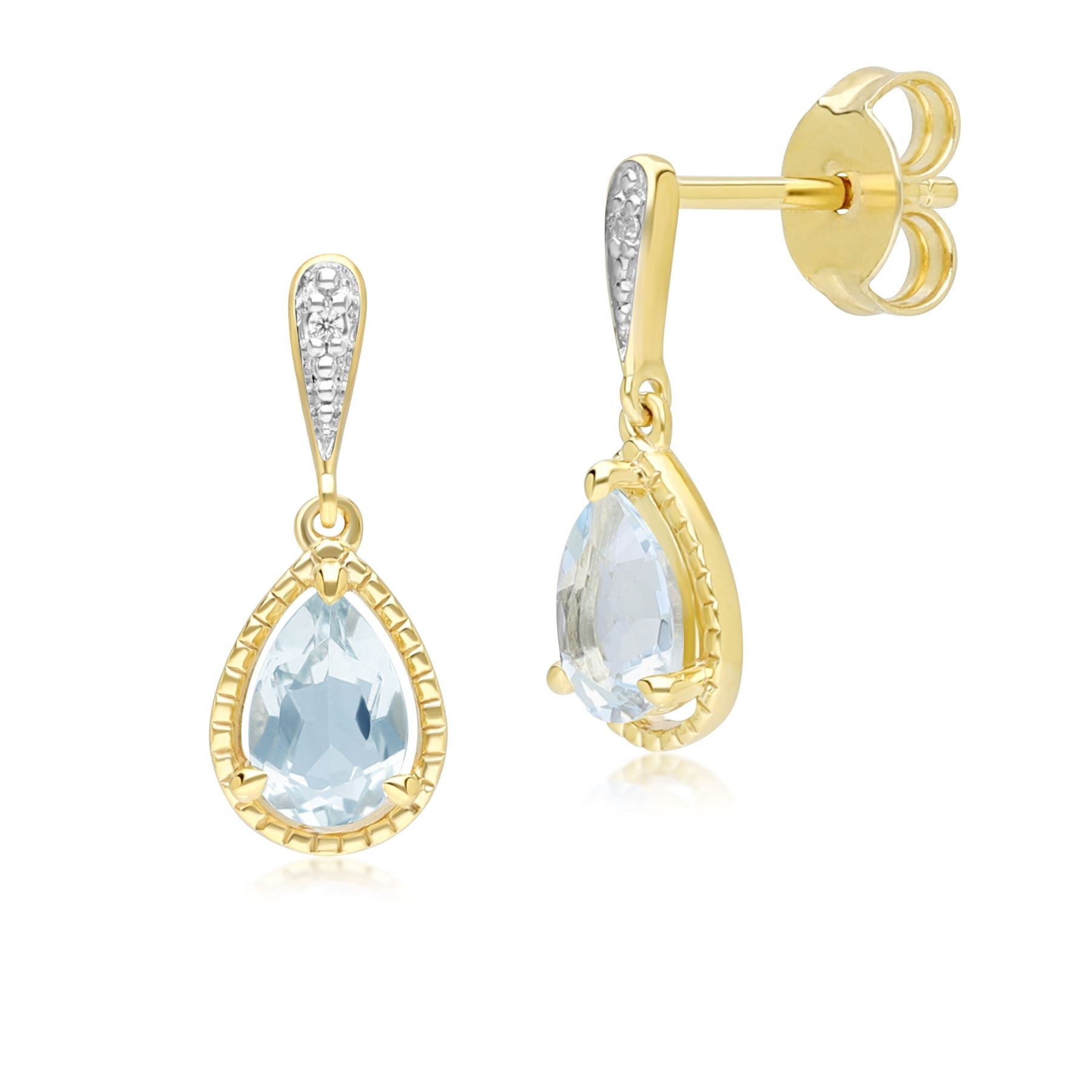 Classic Pear Aquamarine & Diamond Drop Earrings In 9ct Yellow Gold