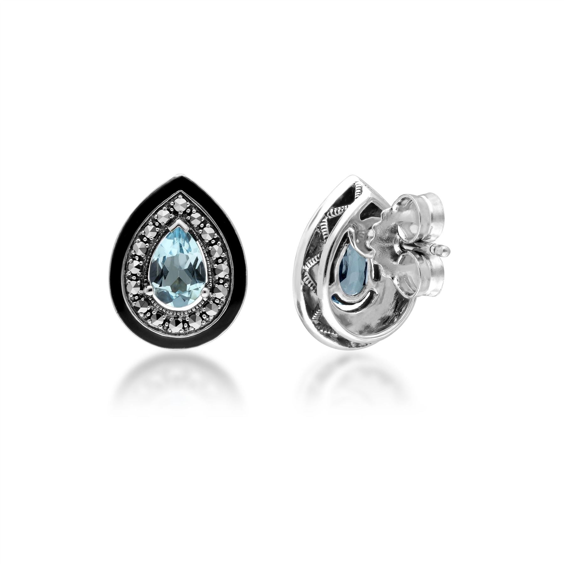 Art Deco Inspired Pear Cut Blue Topaz & Marcasite Stud Earrings