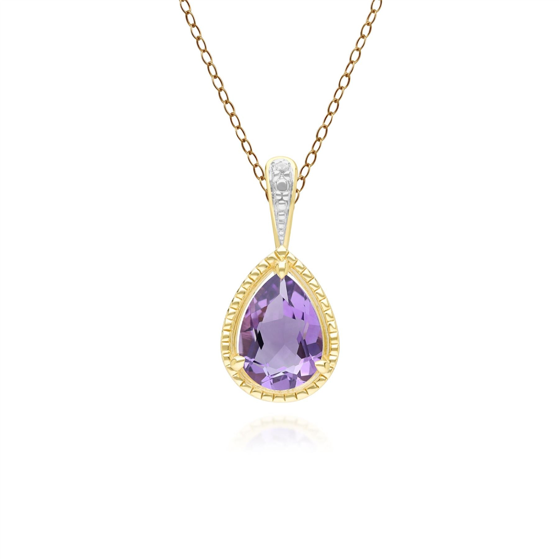 Classic Pear Amethyst & Diamond Pendant Necklace In 9ct Yellow Gold