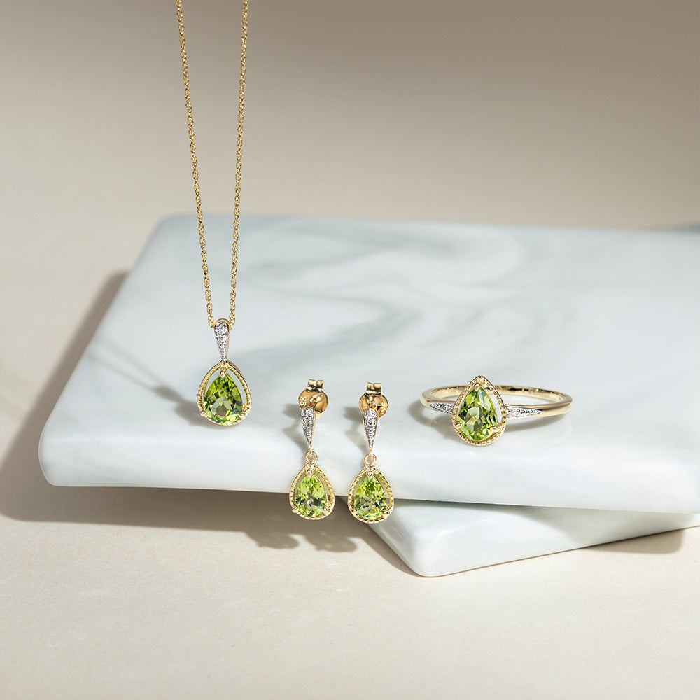 Classic Pear Peridot & Diamond Drop Earrings In 9ct Yellow Gold