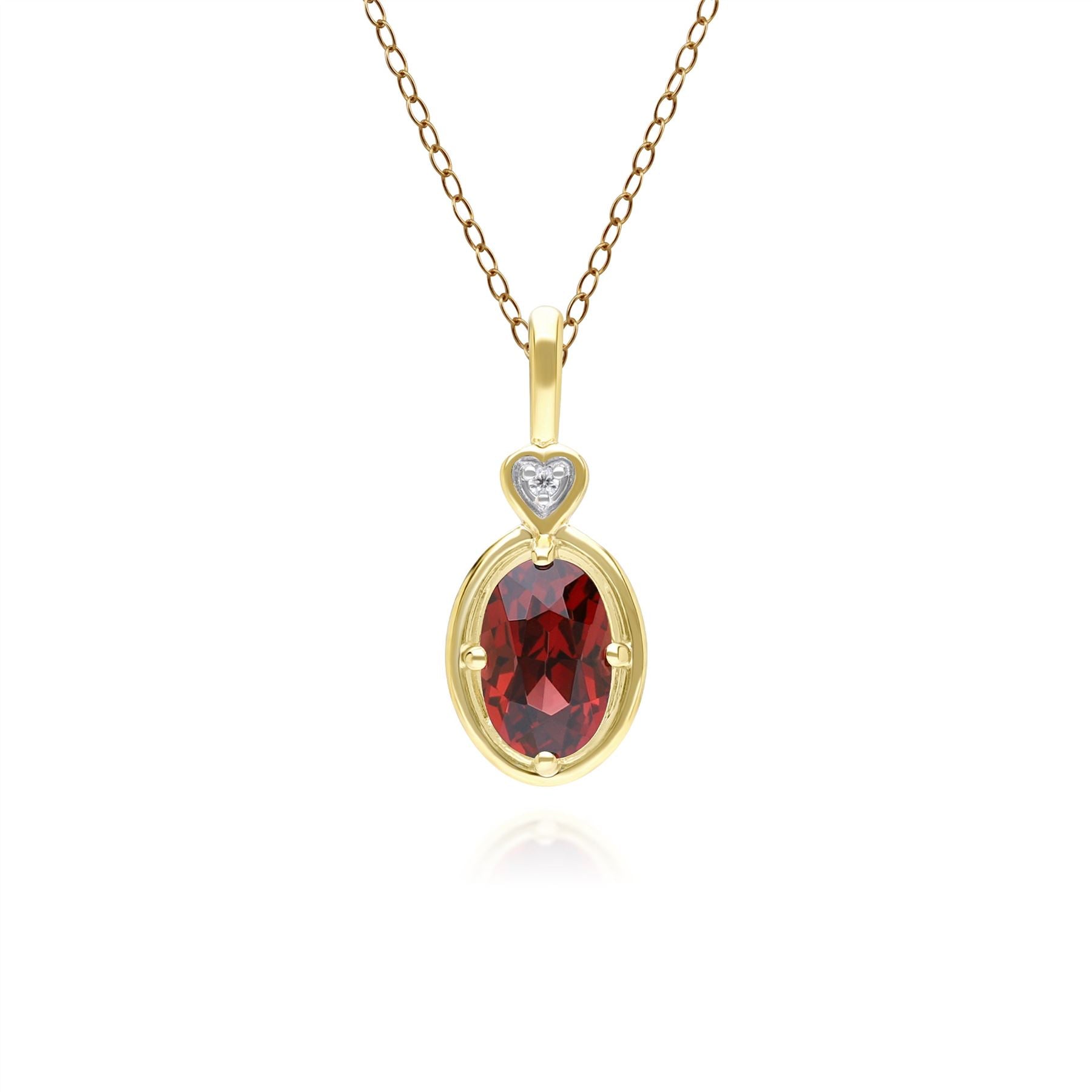 Classic Oval Garnet & Diamond Heart Pendant Necklace In 9ct Yellow Gold