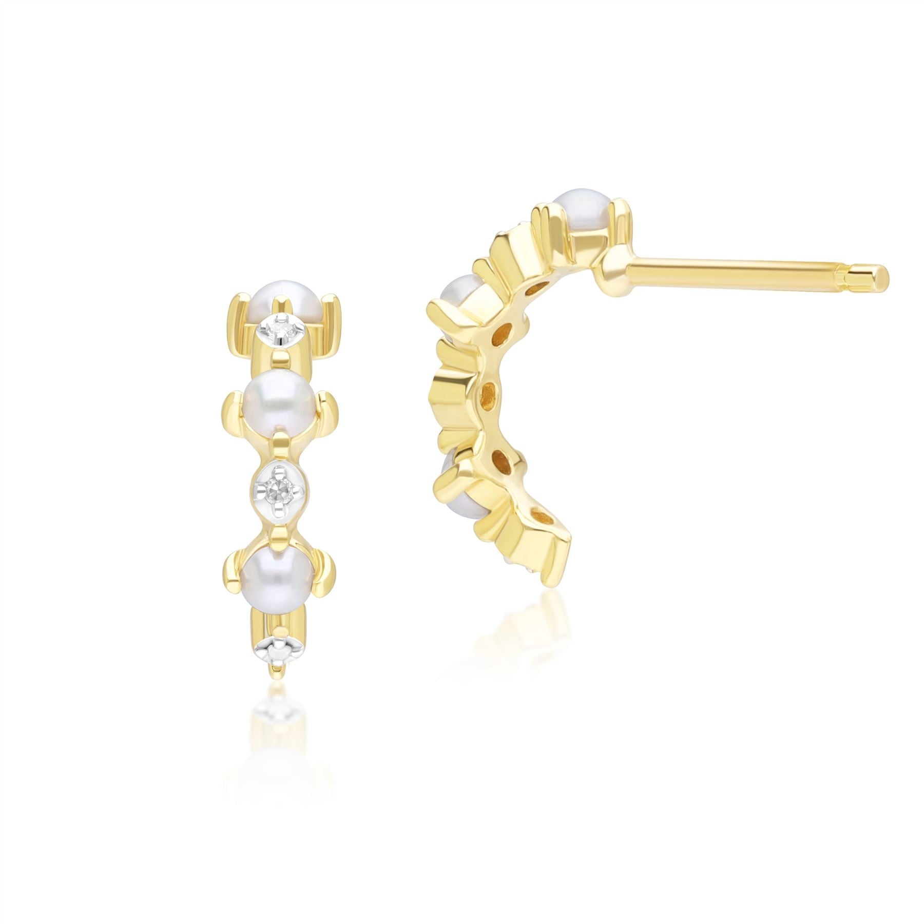 Classic Pearl & Diamond Half Eternity Hoop Earrings in 9ct Yellow Gold