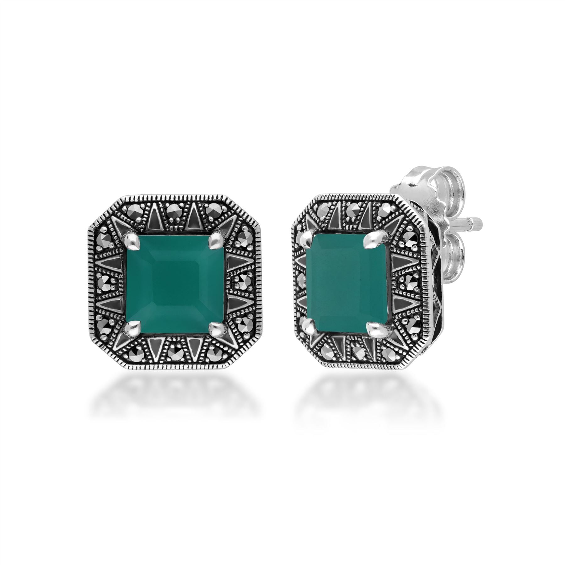 Art Deco Inspired Square Cut Chalcedony & Marcasite Stud Earrings