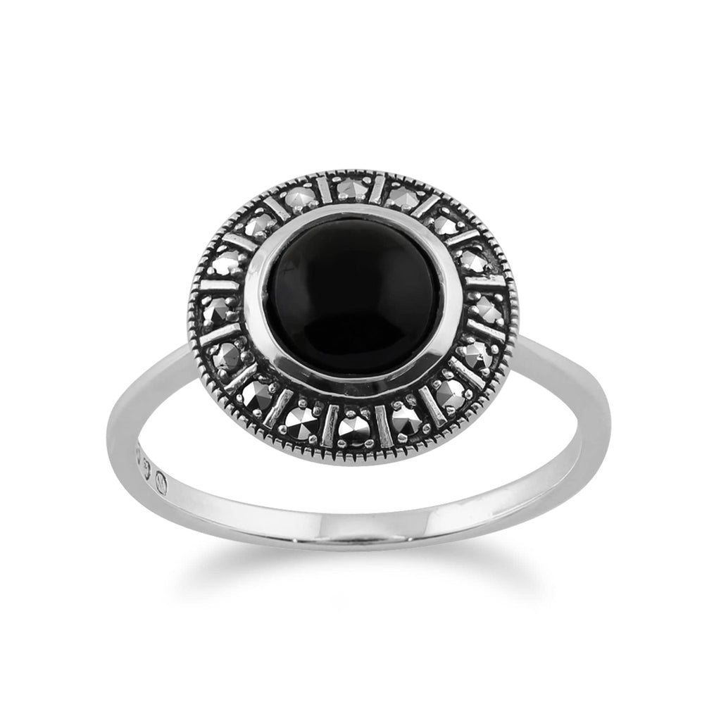 Art Deco Style Round Green Jade Cabochon & Marcasite Halo Ring in 925 Sterling Silver on sale